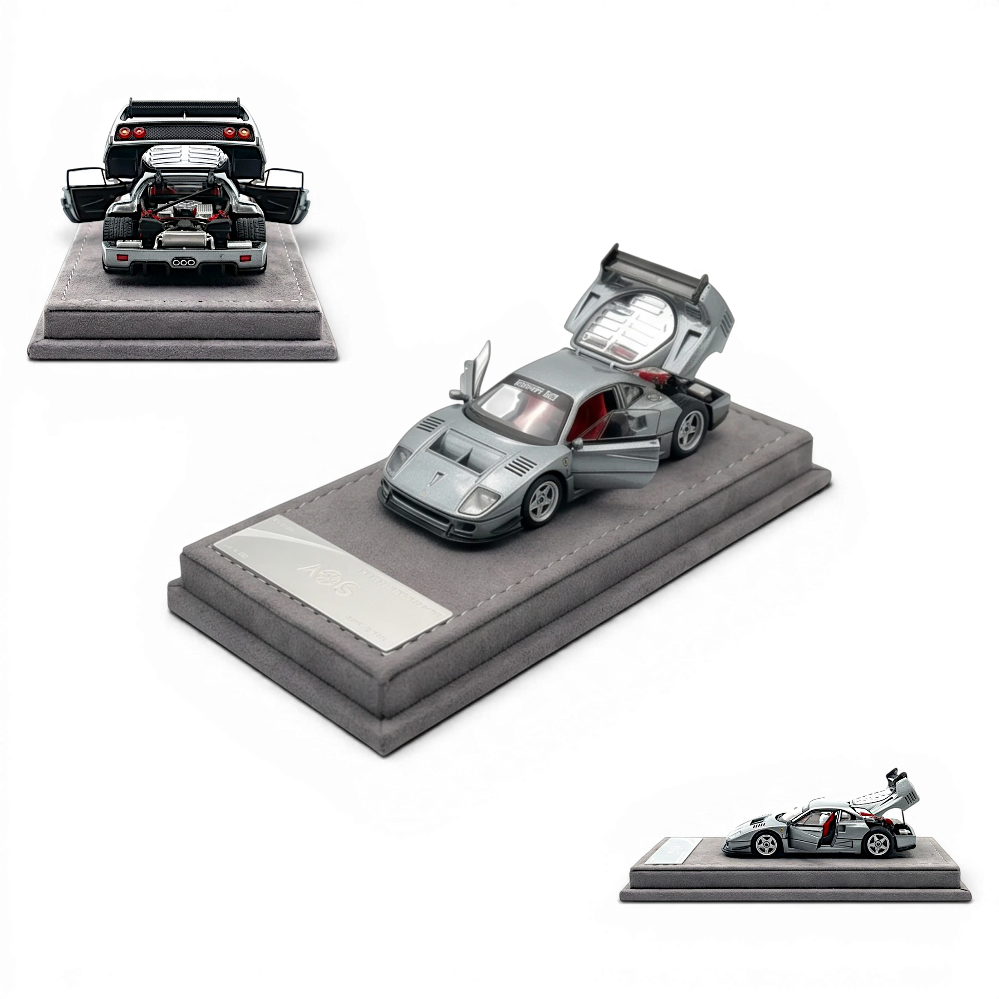 Lot57Supplies Diecast Shop 1:64 scale silver gray diecast F40 model car with red interior, doors and engine cover open.