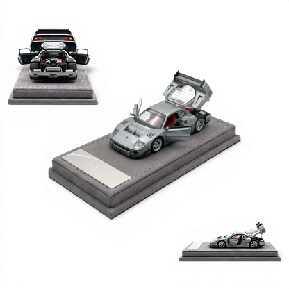 Lot57Supplies Diecast Shop 1:64 scale silver gray diecast F40 model car with red interior, doors and engine cover open.