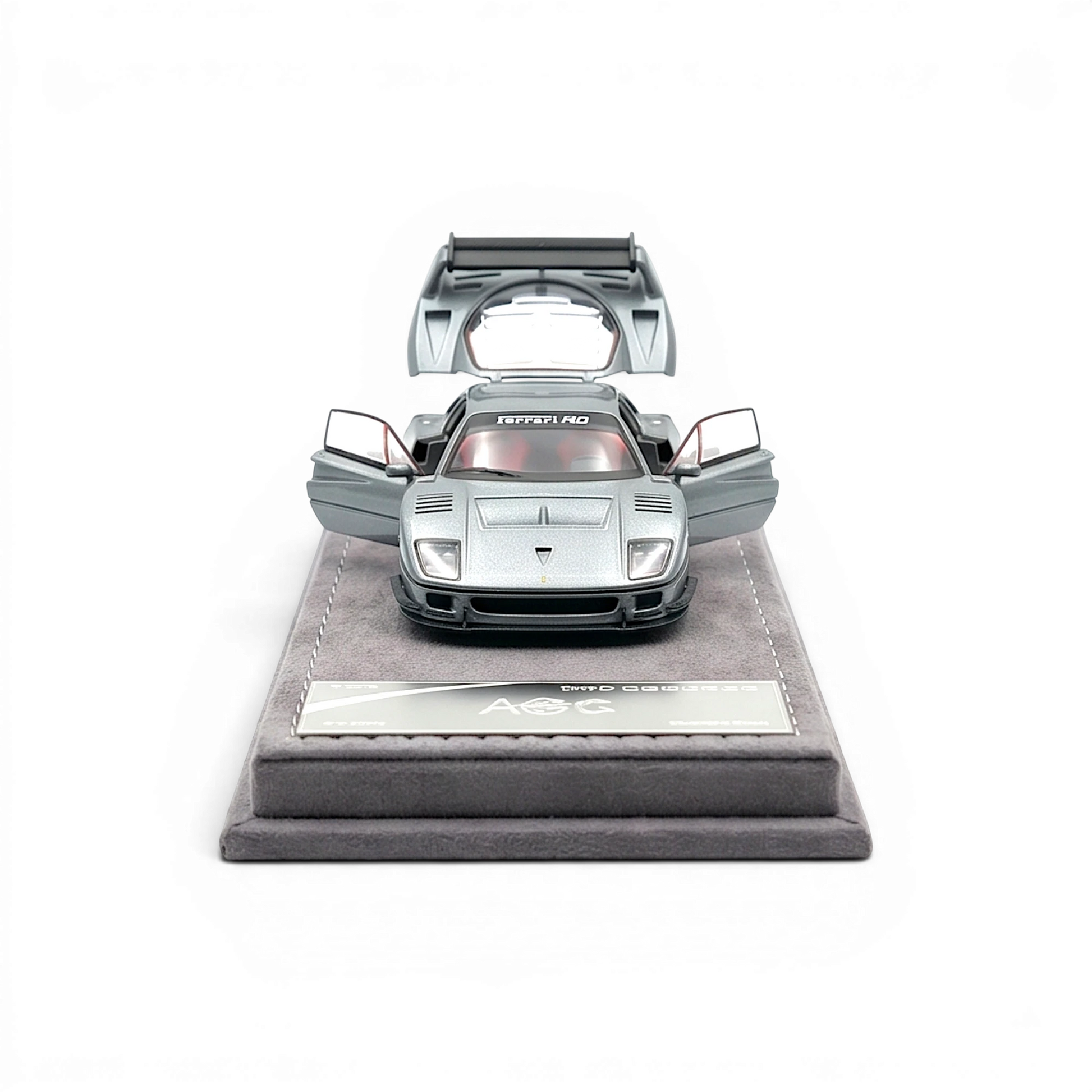 Lot57Supplies Diecast Shop 1:64 scale silver gray diecast AOC F40 model car with doors and engine cover open.