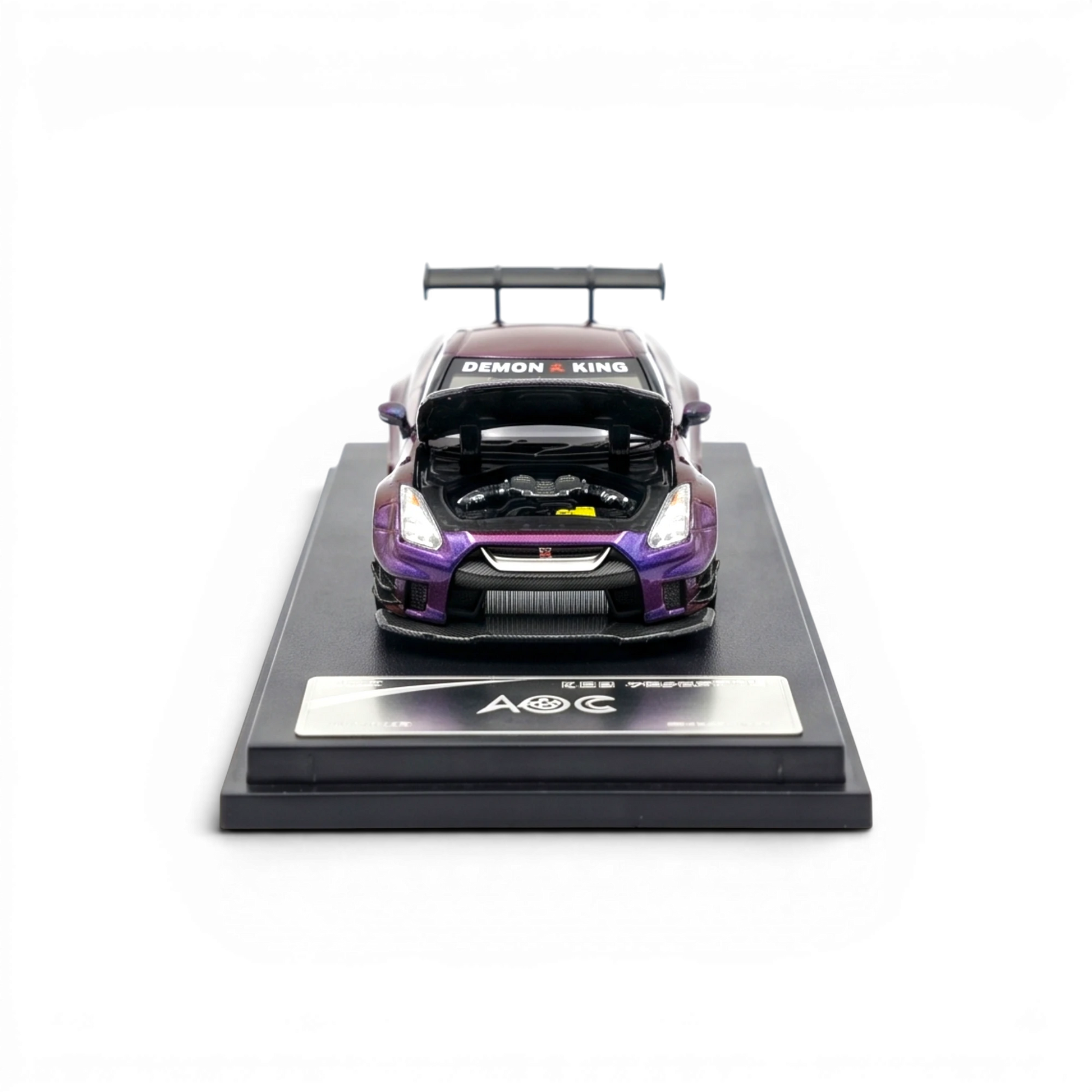 Lot57Supplies Diecast Shop 1:64 scale chameleon purple AOC GT-R 35 RR diecast model with open hood.