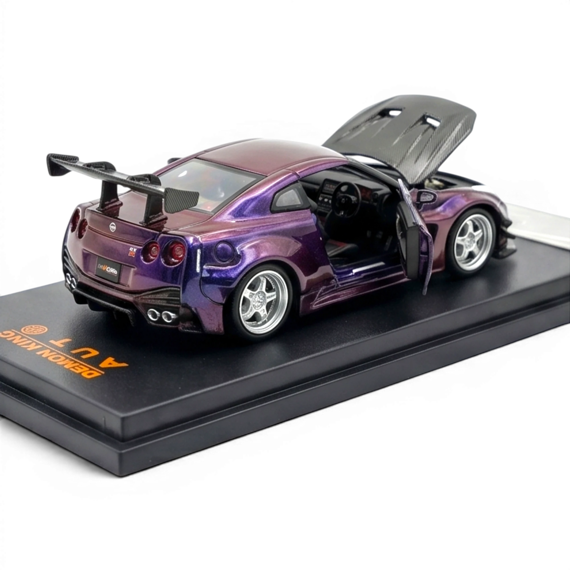 Lot57Supplies Diecast Shop 1:64 scale chameleon purple diecast AOC GT-R 35 RR model with opening doors and hood.