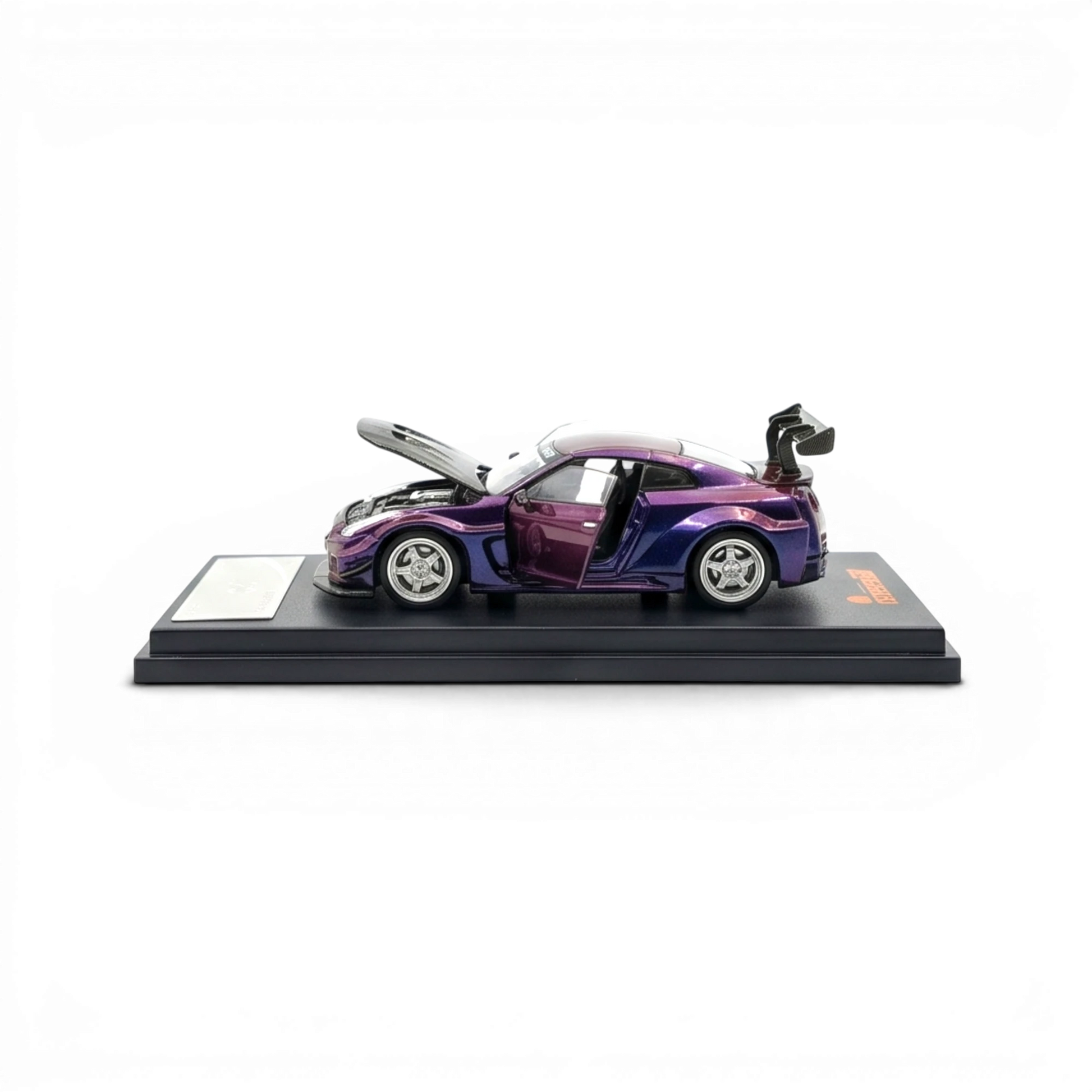 Lot57Supplies Diecast Shop 1:64 scale chameleon purple diecast GT-R 35 RR model car with opening doors and hood.