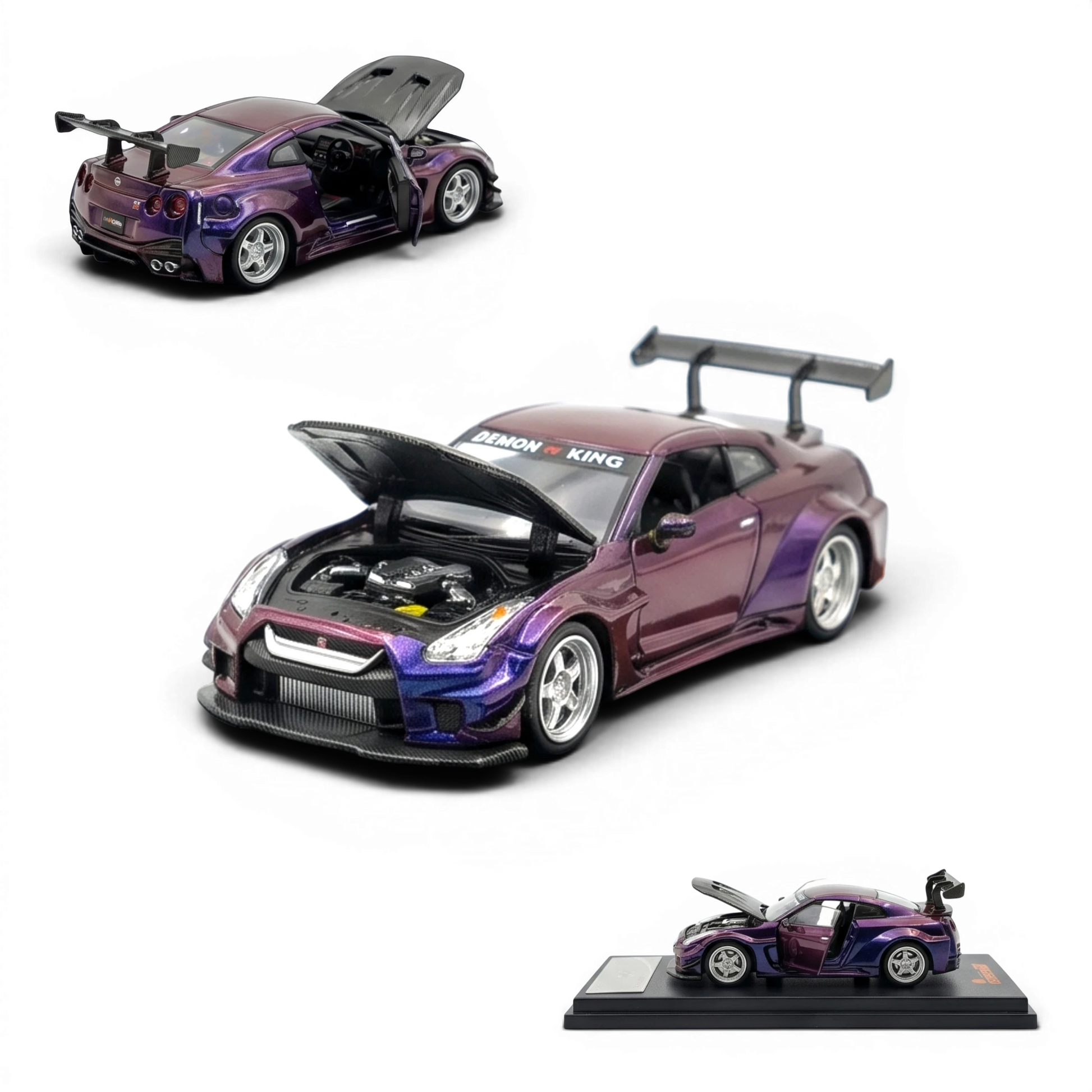 Lot57Supplies Diecast Shop 1:64 scale chameleon purple diecast AOC GT-R 35 RR model car with opening doors and hood.