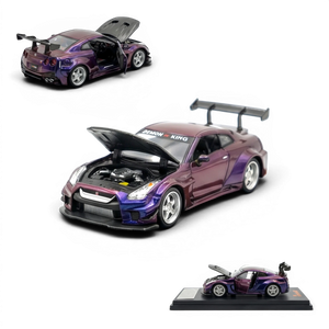 Lot57Supplies Diecast Shop 1:64 scale chameleon purple diecast AOC GT-R 35 RR model car with opening doors and hood.
