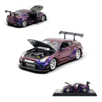 Lot57Supplies Diecast Shop 1:64 scale chameleon purple diecast AOC GT-R 35 RR model car with opening doors and hood.