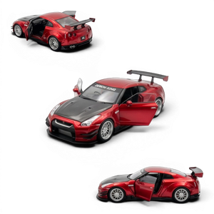 Lot57Supplies Diecast Shop metallic red 1:64 scale AOC GT-R 35 RR model car with carbon fiber hood and opening doors.
