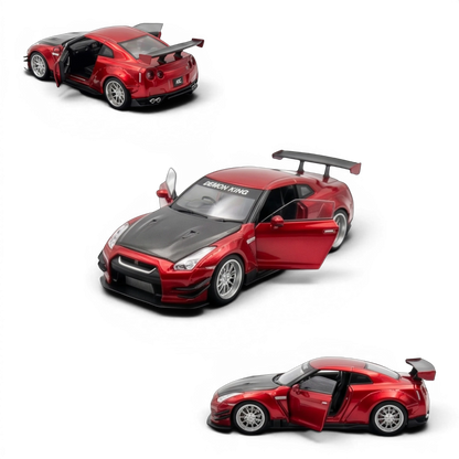 Lot57Supplies Diecast Shop metallic red 1:64 scale AOC GT-R 35 RR model car with carbon fiber hood and opening doors.