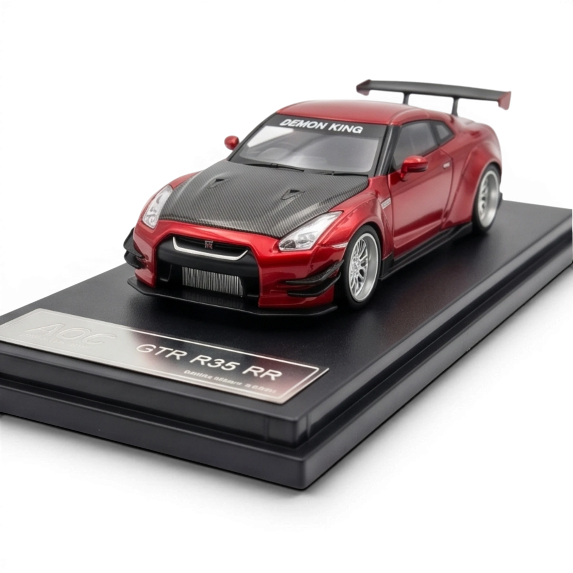 Lot57Supplies Diecast Shop metallic red AOC GT-R 35 RR 1:64 scale diecast model with carbon fiber hood and spoiler.