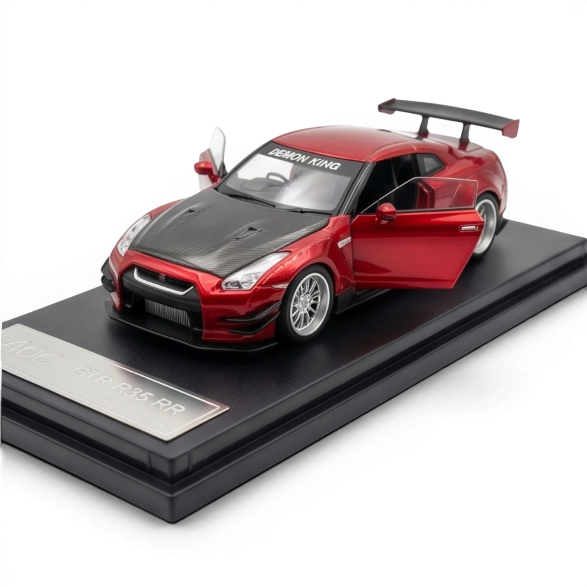 Lot57Supplies Diecast Shop metallic red 1:64 scale AOC GT-R 35 RR model car with carbon fiber hood and open doors.