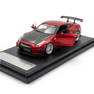 Lot57Supplies Diecast Shop metallic red 1:64 scale AOC GT-R 35 RR model car with carbon fiber hood and open doors.