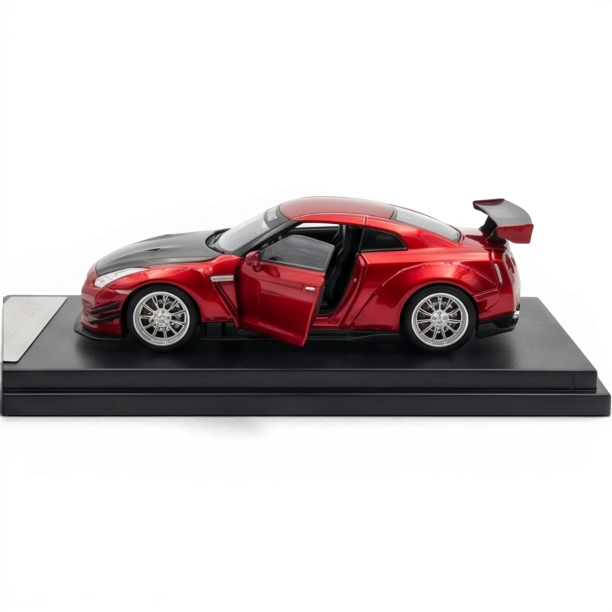 Lot57Supplies Diecast Shop metallic red 1:64 scale AOC GT-R 35 RR model car with open doors and carbon fiber hood.