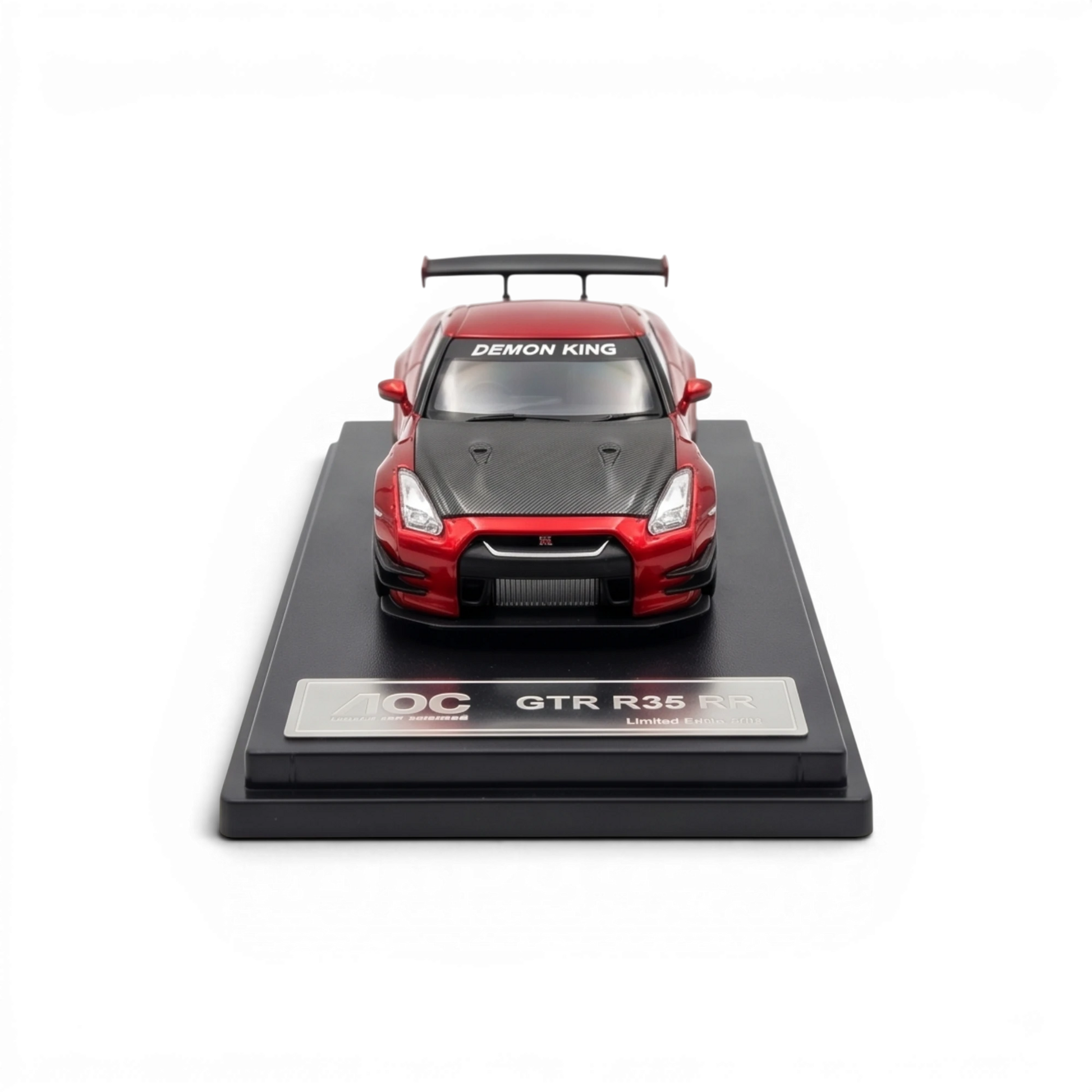 Lot57Supplies Diecast Shop metallic red AOC GT-R 35 RR 1:64 scale model with carbon fiber hood and spoiler.