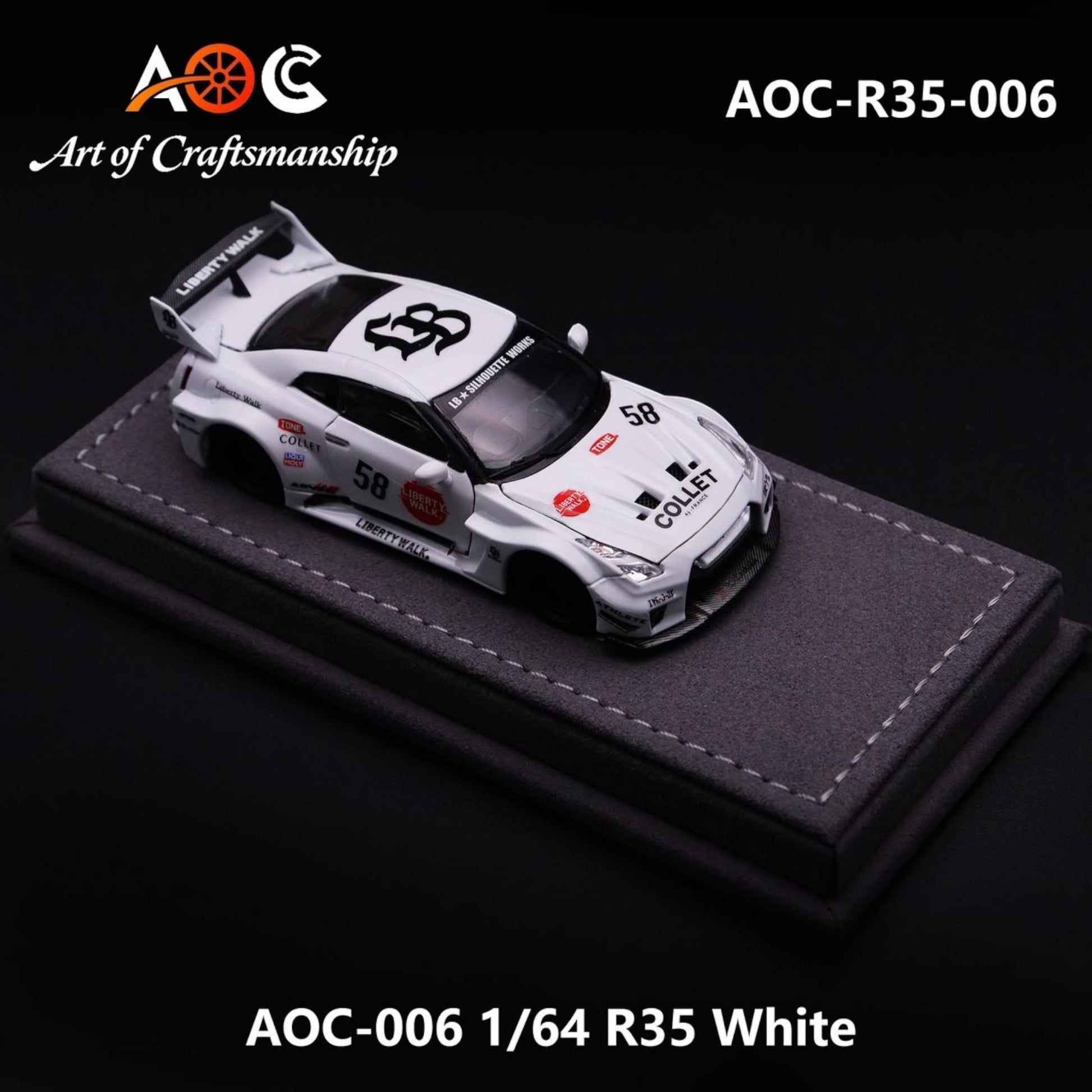 Lot57Supplies Diecast Shop 1:64 scale AOC Modified R35 LBWK #58 diecast car in white with racing decals on display base
