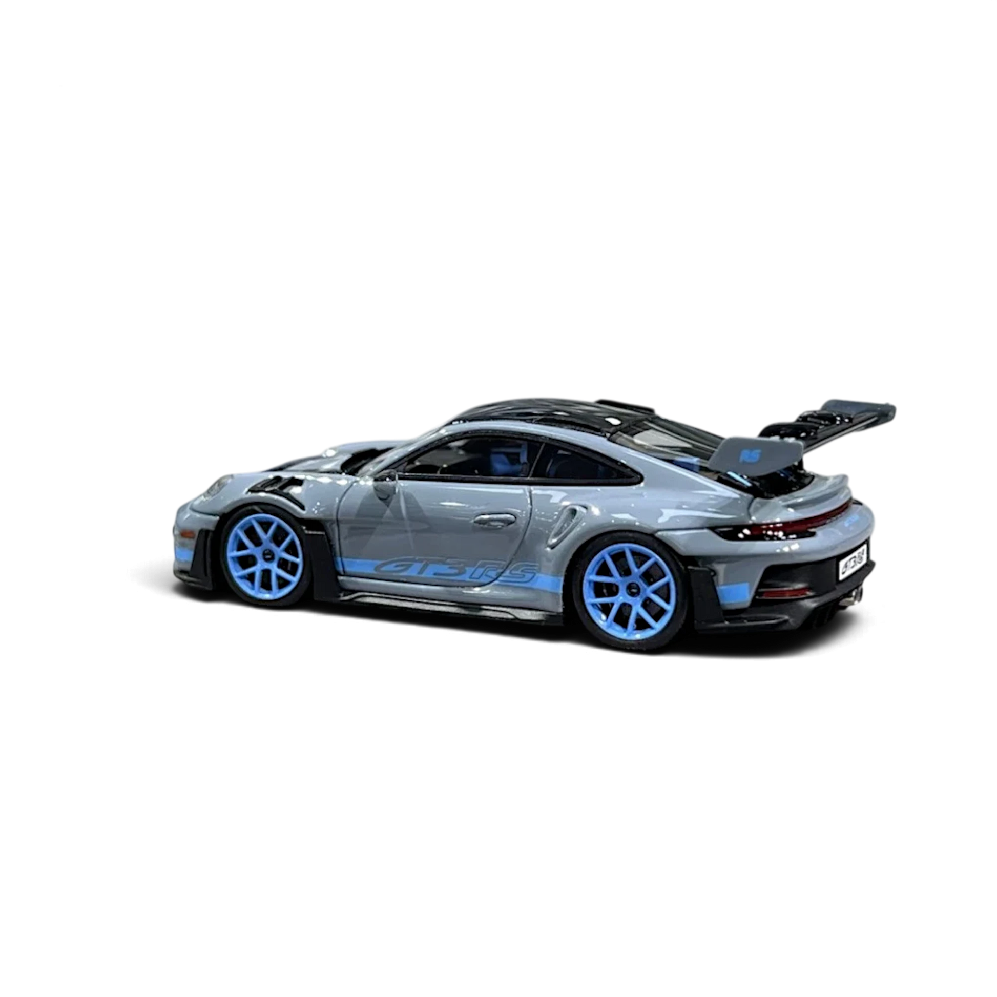 Lot57Supplies Diecast Shop HH Model 1:64 scale Arctic Grey Porsche 992.1 GT3 RS resin diecast car with blue wheels.