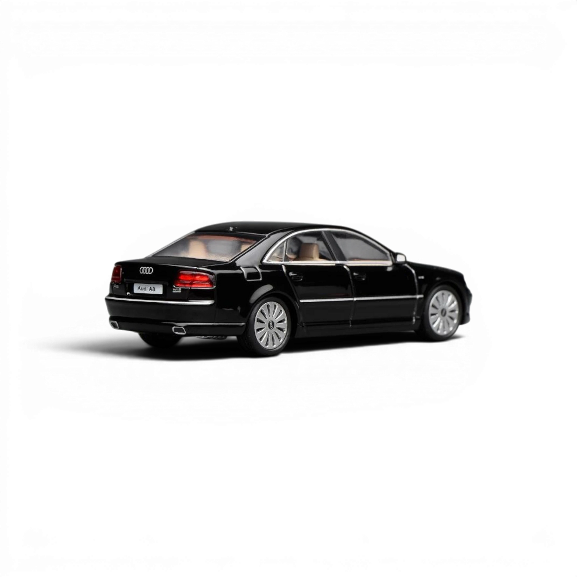 Lot57Supplies Diecast Shop MOTORHELIX 1:64 scale metallic black 2008 Audi A8 D3 facelift diecast model car rear view