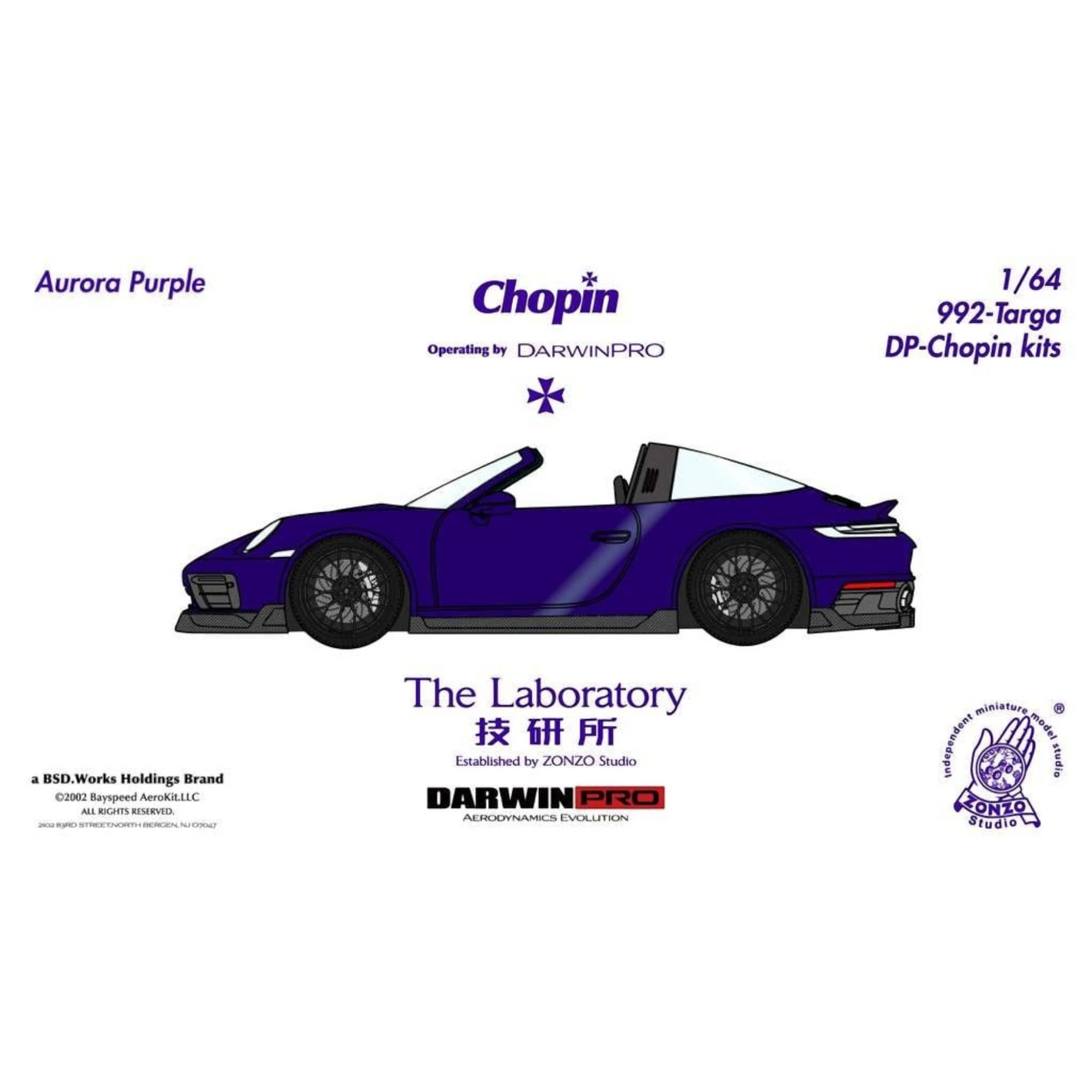 The Laboratory x DarwinPRO 1:64 scale Aurora Purple Porsche 911 (992) Targa Chopin Kit resin model.