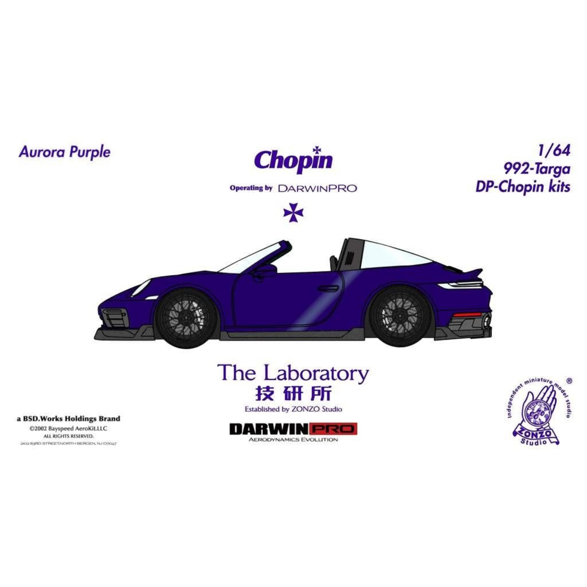The Laboratory x DarwinPRO 1:64 scale Aurora Purple Porsche 911 (992) Targa Chopin Kit resin model.