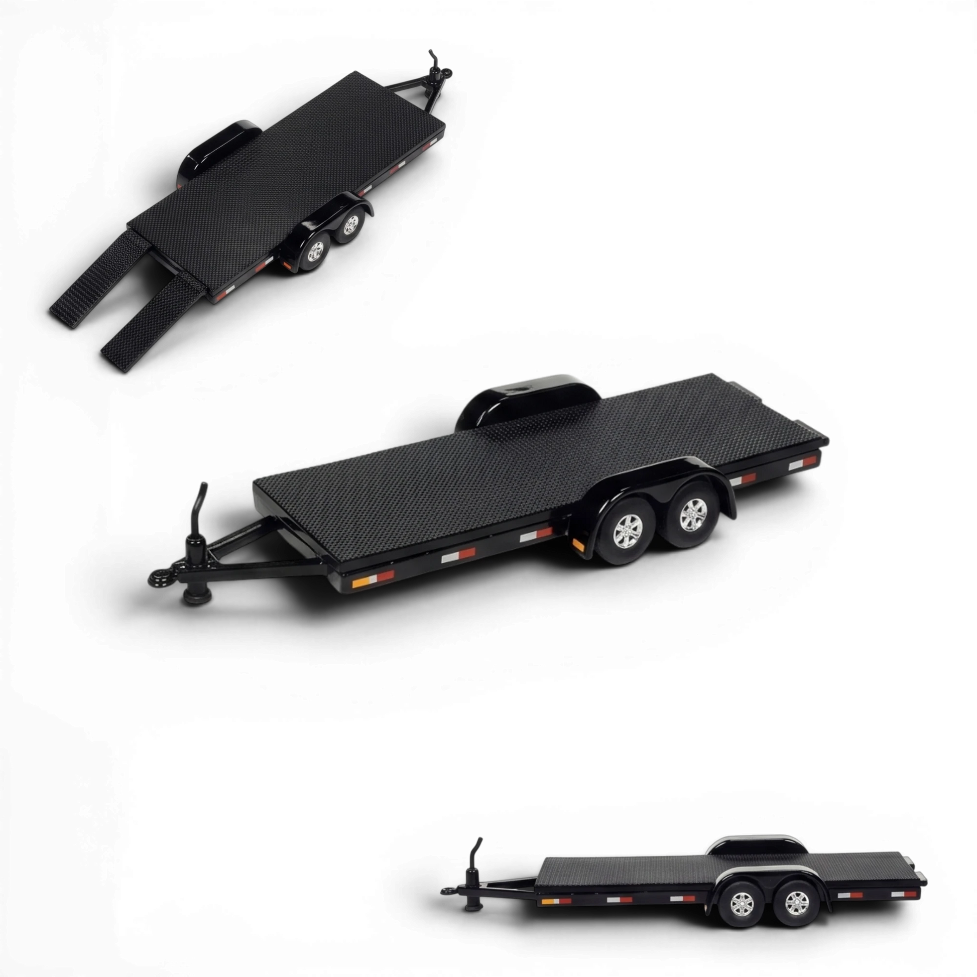 Lot57Supplies Diecast Shop Auto World 1:64 scale black diecast metal open car trailer with removable loading ramps.