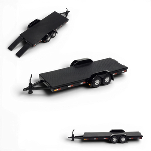 Lot57Supplies Diecast Shop Auto World 1:64 scale black diecast metal open car trailer with removable loading ramps.