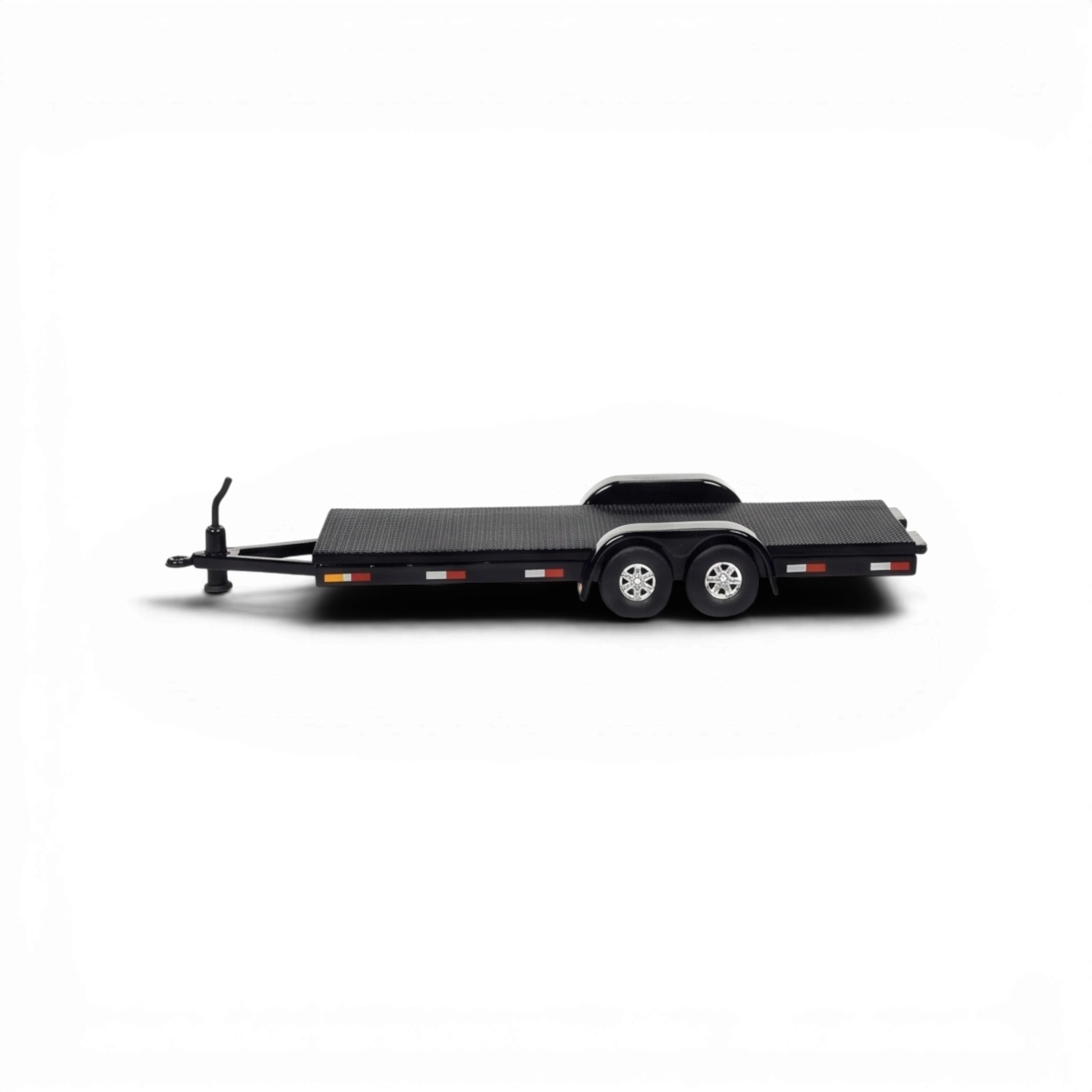 Lot57Supplies Diecast Shop Auto World 1:64 scale black diecast metal open car trailer with rubber tires