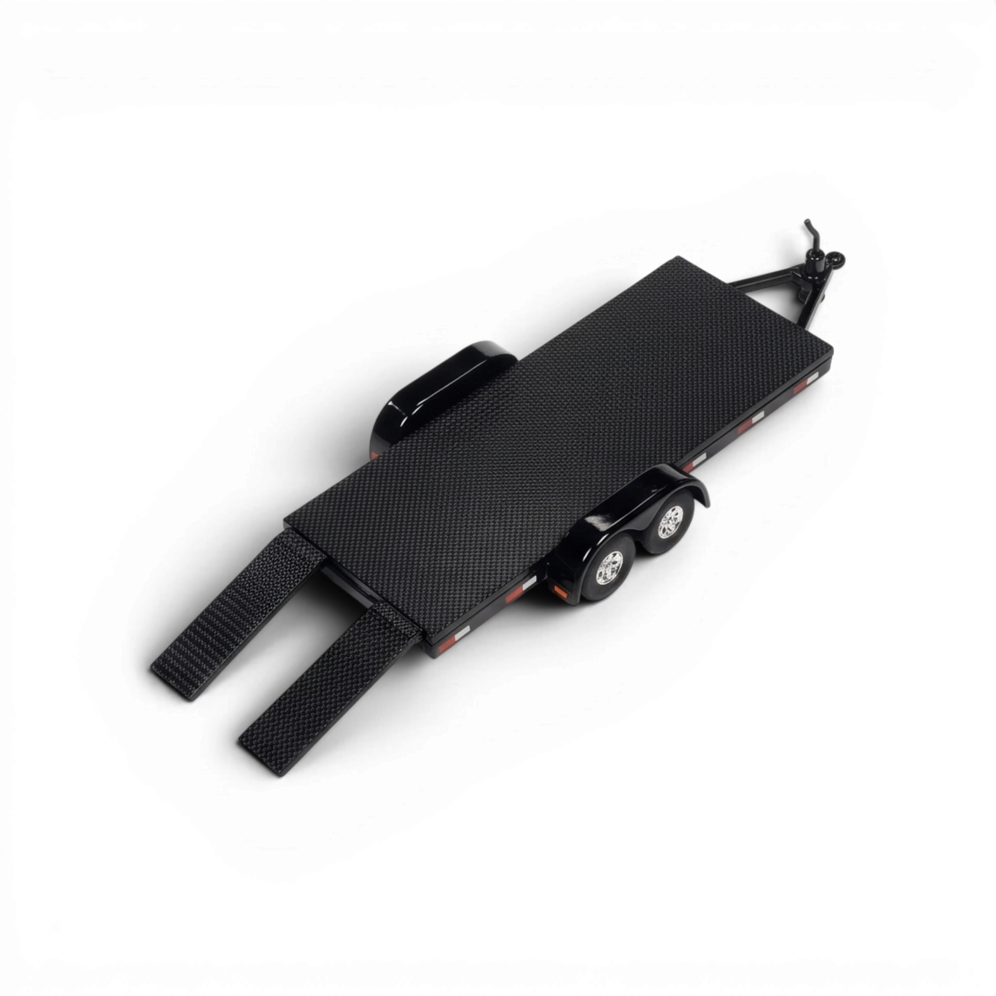 Lot57Supplies Diecast Shop Auto World 1:64 scale black diecast metal open car trailer with removable loading ramps.