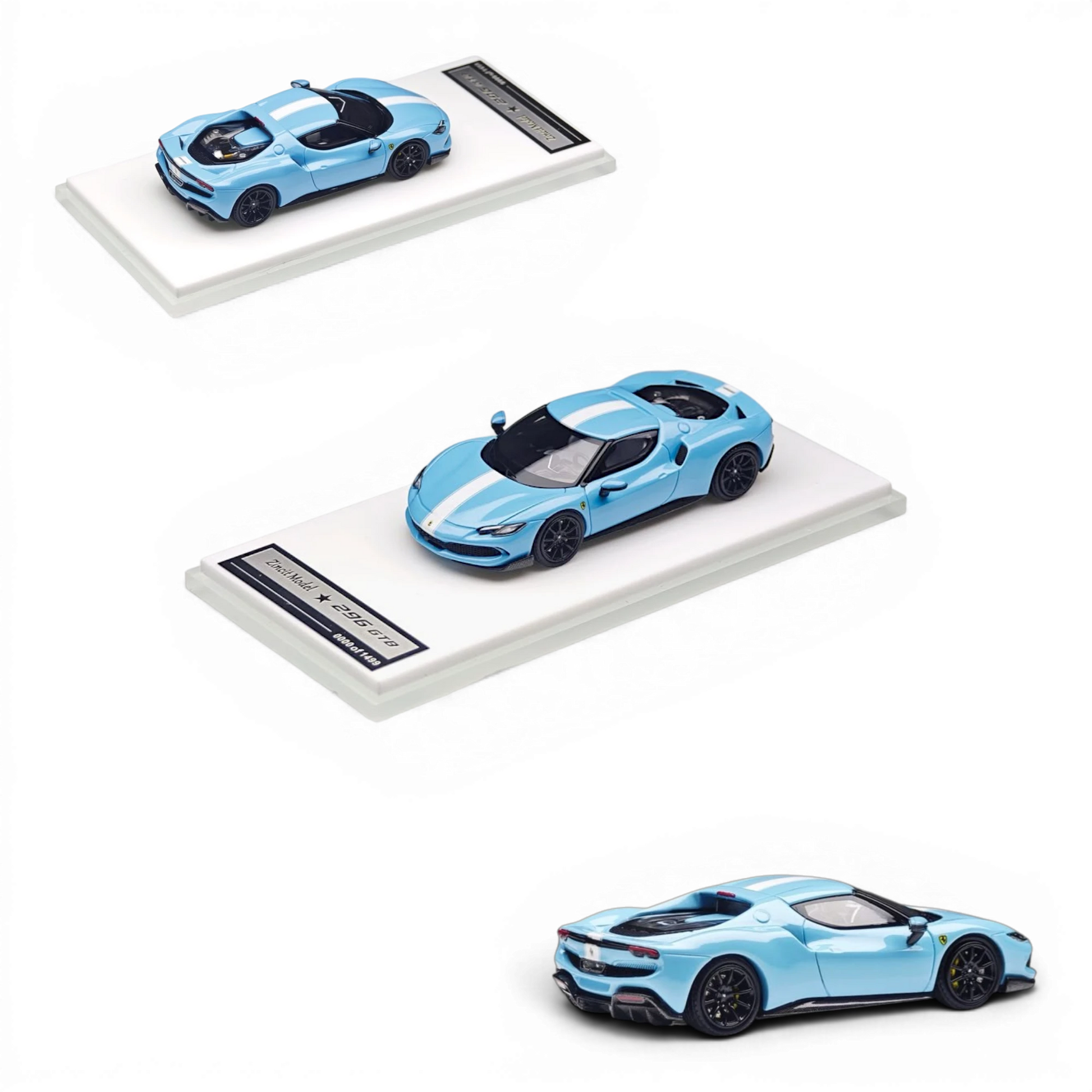 Lot57Supplies Diecast Shop 1:64 scale Zincit Model 296GTB diecast car in baby blue with white racing stripes.