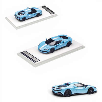 Lot57Supplies Diecast Shop 1:64 scale Zincit Model 296GTB diecast car in baby blue with white racing stripes.