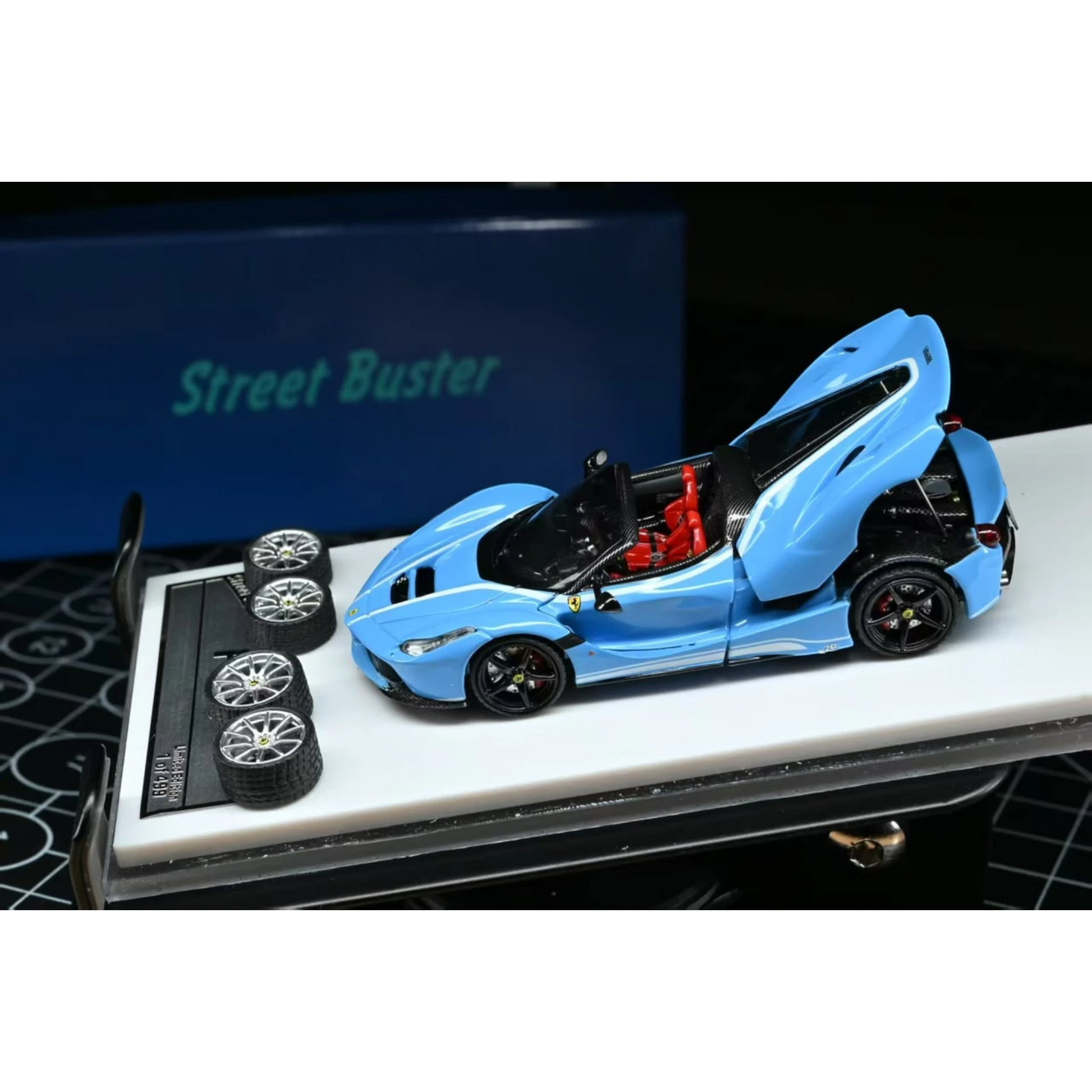 Lot57Supplies Diecast Shop Street Buster 1:64 scale baby blue F150 Aperta diecast supercar with open engine bay