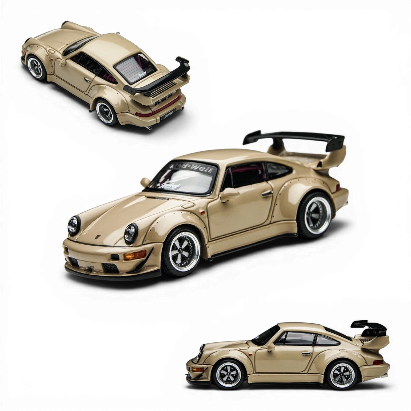 Lot57Supplies Diecast Shop beige 1:64 scale Porsche RWB 964 model car with wide body kit and rear spoiler.
