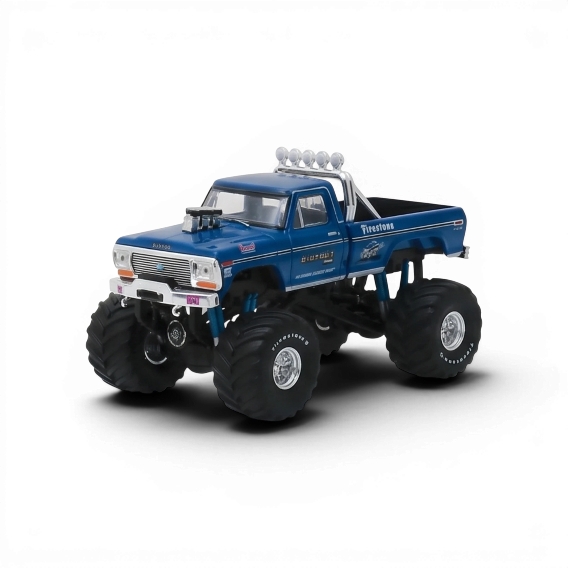 Lot57Supplies Diecast Shop 1:64 scale blue Bigfoot #1 1974 Ford F-250 monster truck with roll bar and large tires.