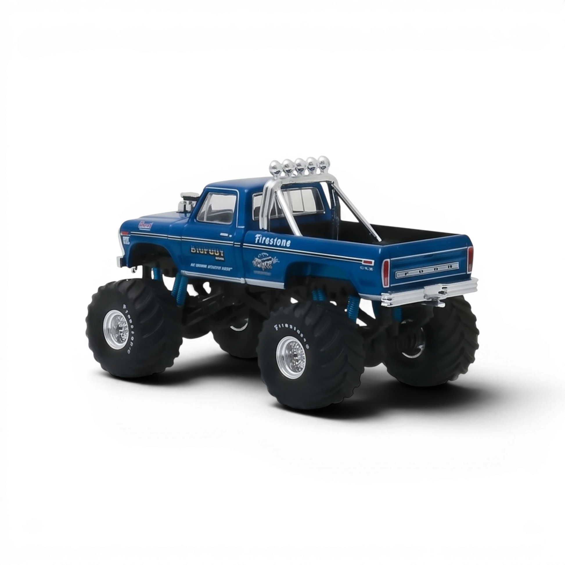 Lot57Supplies Diecast Shop 1:64 scale blue 1974 Ford F-250 Bigfoot monster truck with chrome roll bar and Firestone tires