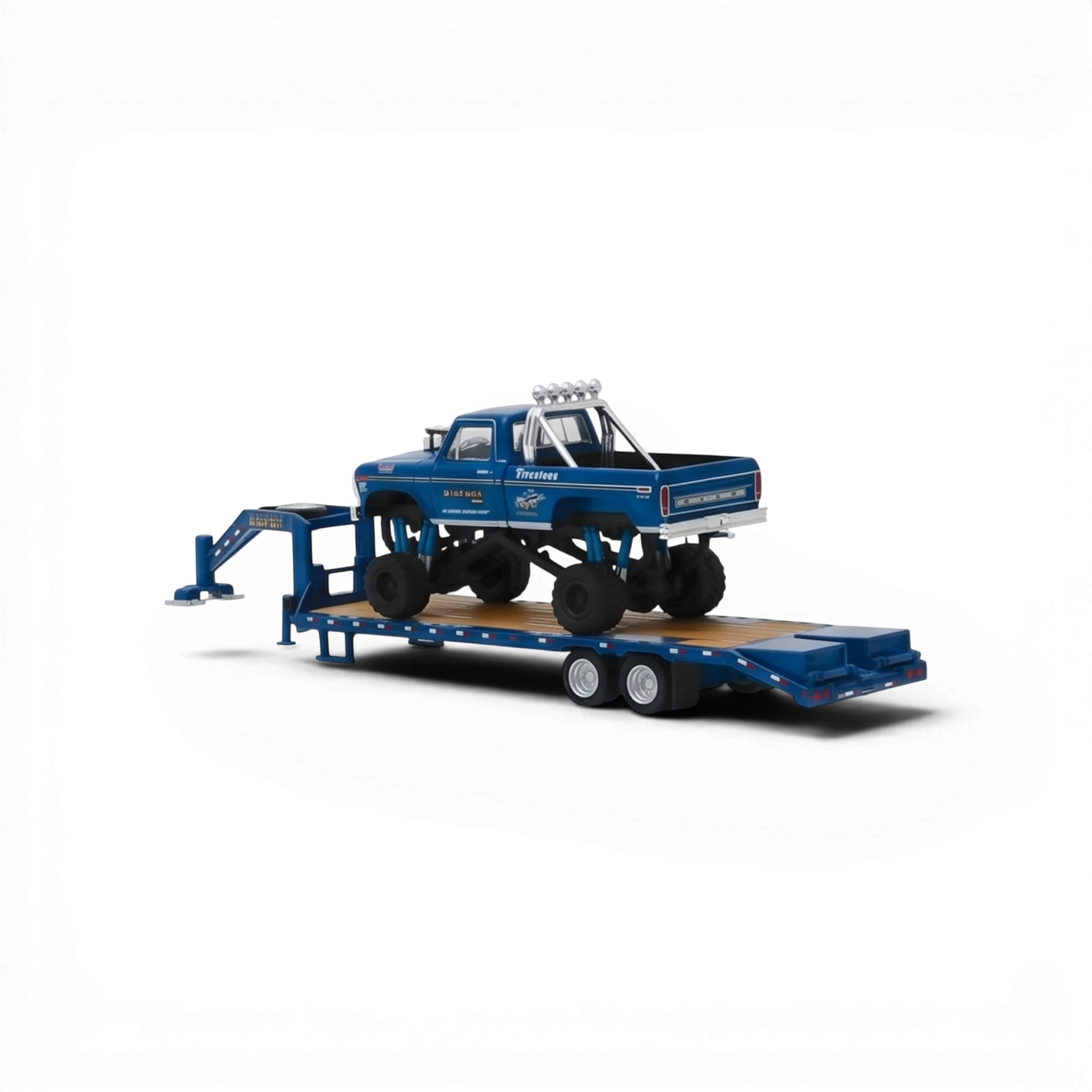Lot57Supplies Diecast Shop 1:64 scale blue Bigfoot #1 1974 Ford F-250 monster truck with gooseneck trailer.