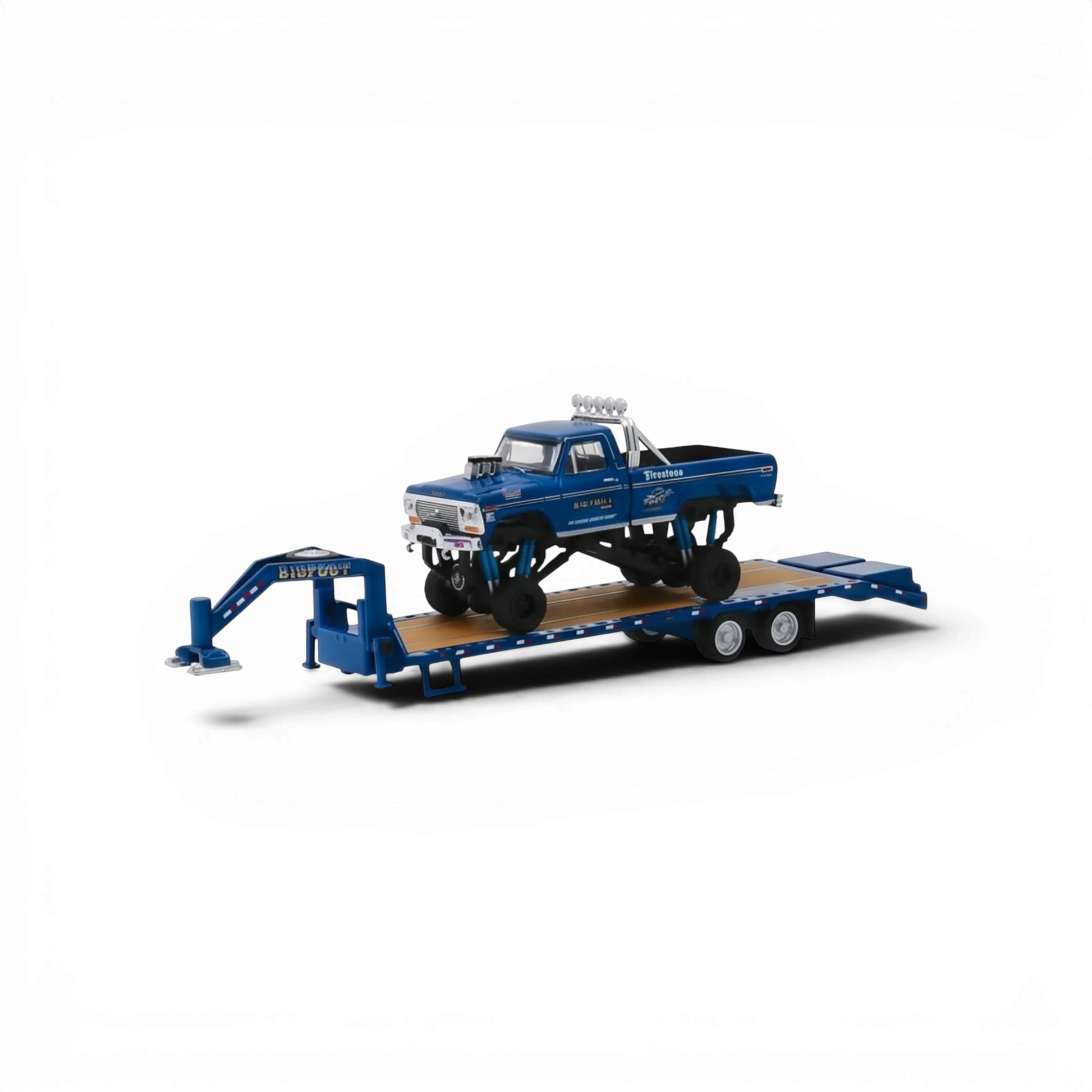 Lot57Supplies Diecast Shop Greenlight 1:64 Bigfoot #1 1974 Ford F-250 monster truck on a gooseneck trailer.