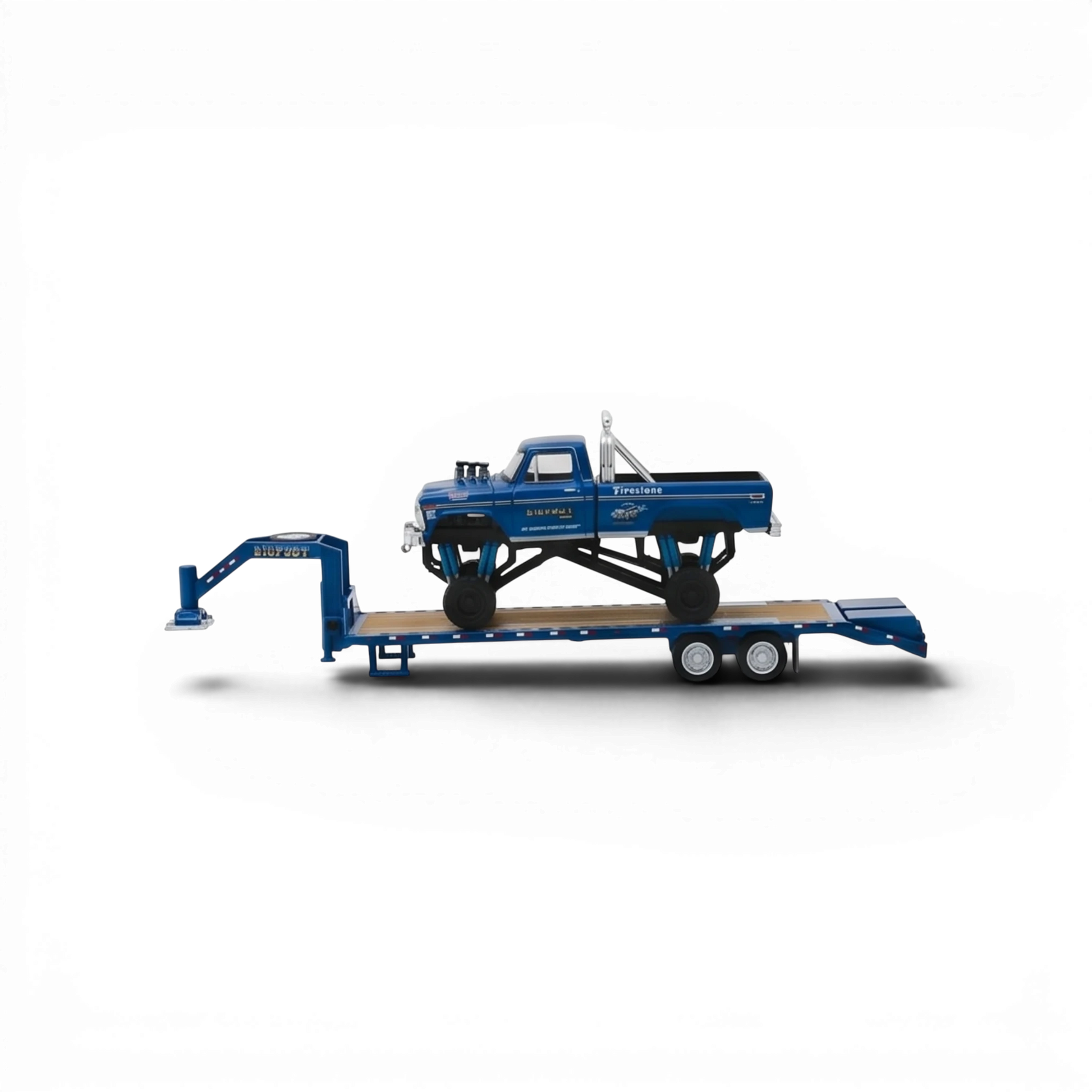 Lot57Supplies Diecast Shop 1:64 scale blue Bigfoot 1974 Ford F-250 monster truck on a gooseneck trailer.