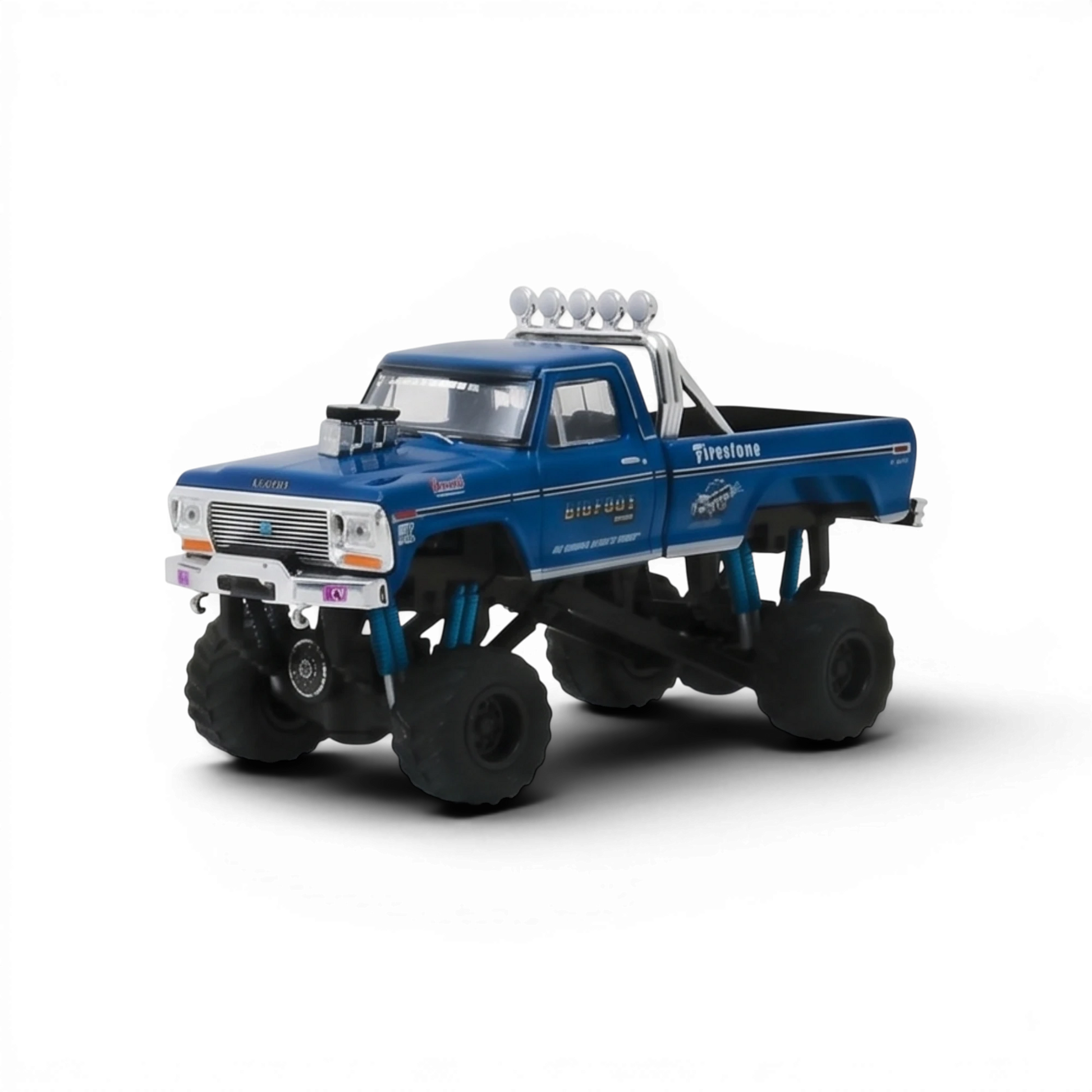Lot57Supplies Diecast Shop 1:64 scale blue 1974 Ford F-250 Bigfoot monster truck with chrome roll bar and details.