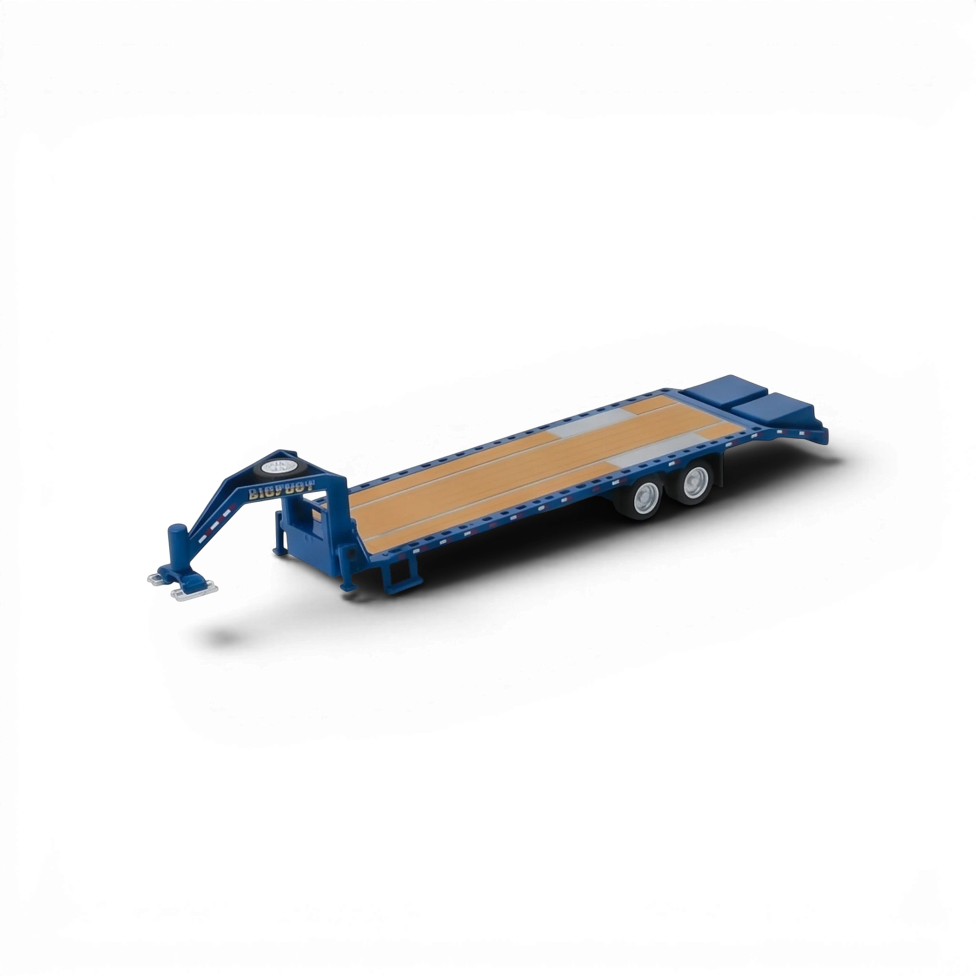 Lot57Supplies Diecast Shop 1:64 scale blue gooseneck trailer with wood-look deck and Bigfoot branding for monster truck
