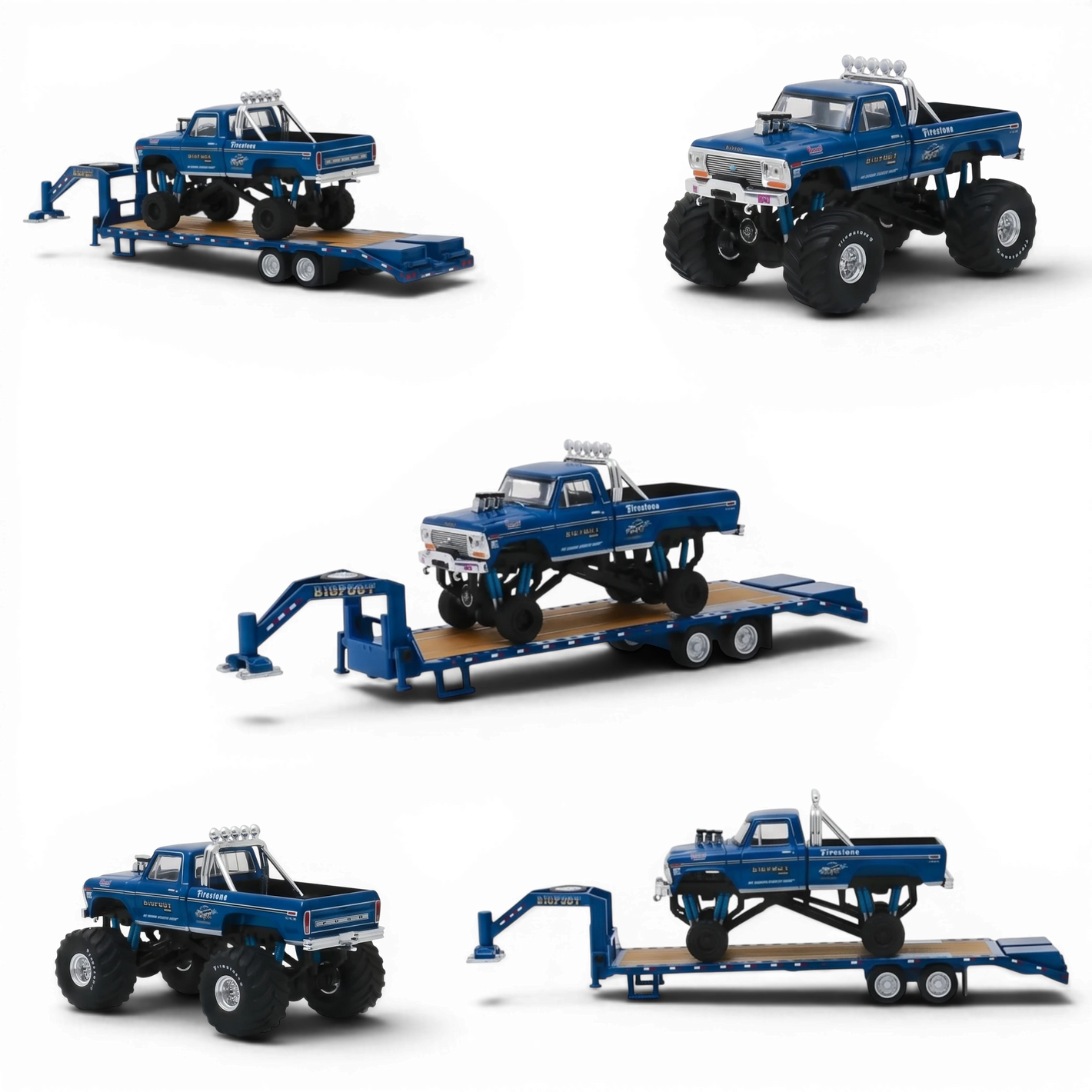 Lot57Supplies Diecast Shop Greenlight 1:64 Bigfoot #1 1974 Ford F-250 monster truck with gooseneck trailer and tires.