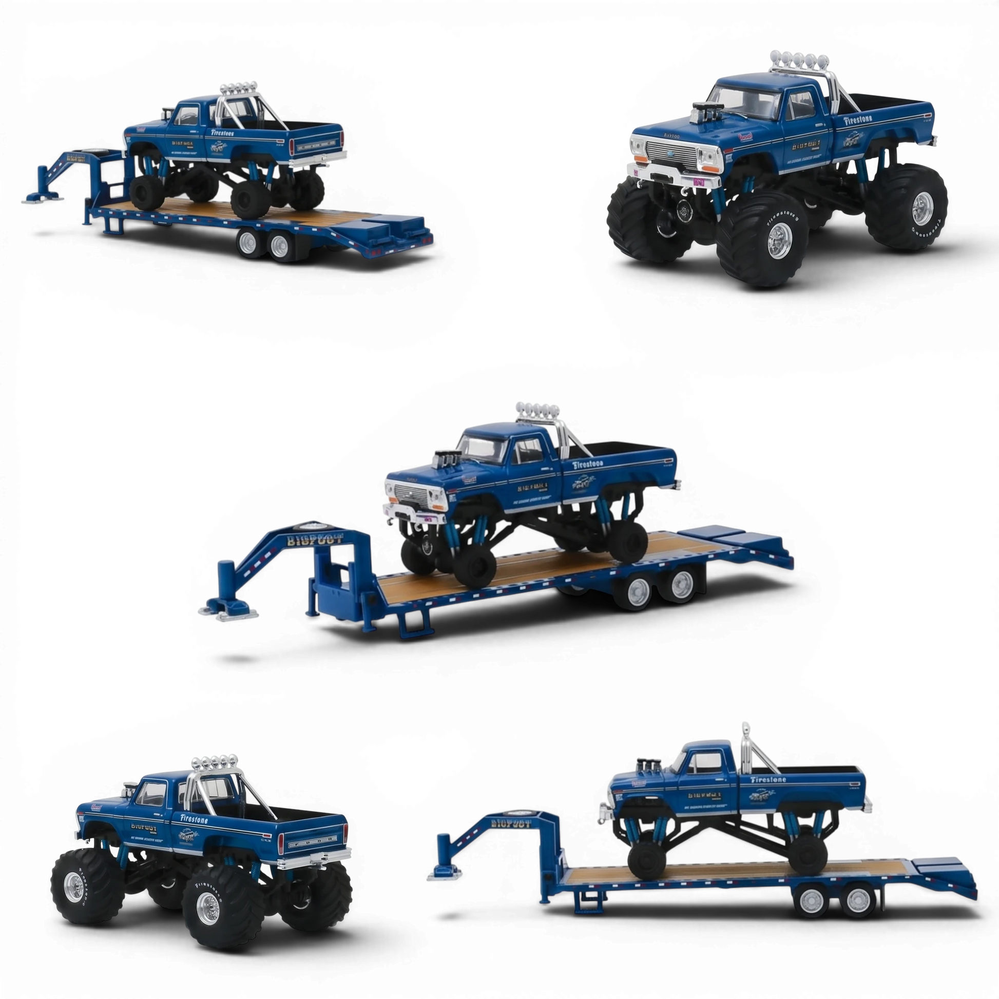 Lot57Supplies Diecast Shop Greenlight 1:64 Bigfoot #1 1974 Ford F-250 monster truck with gooseneck trailer and tires.