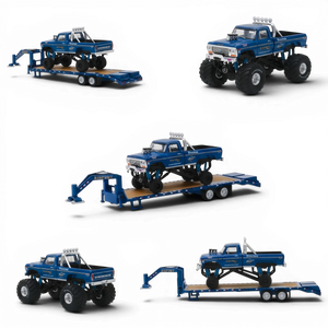 Lot57Supplies Diecast Shop Greenlight 1:64 Bigfoot #1 1974 Ford F-250 monster truck with gooseneck trailer and tires.