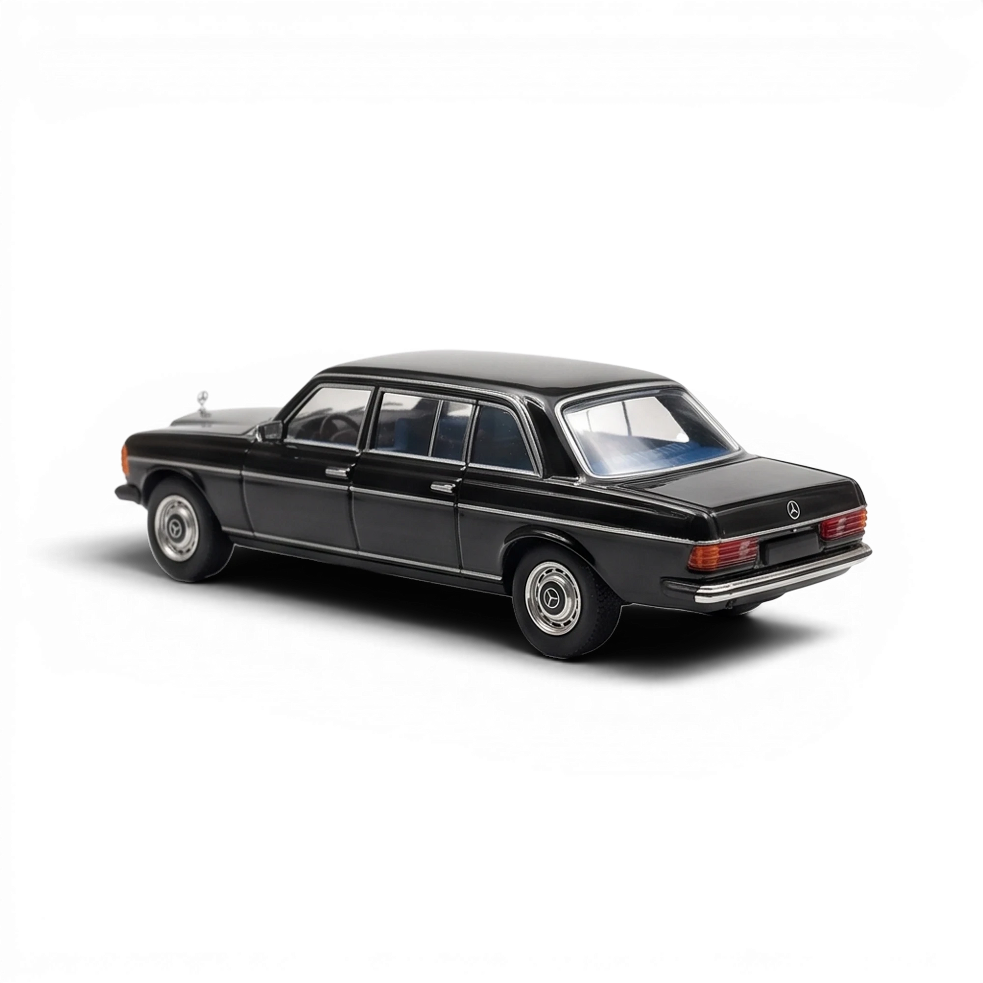 Lot57Supplies Diecast Shop 1:64 scale black Mercedes-Benz W123 Limo 240D diecast model car, rear three-quarter view.