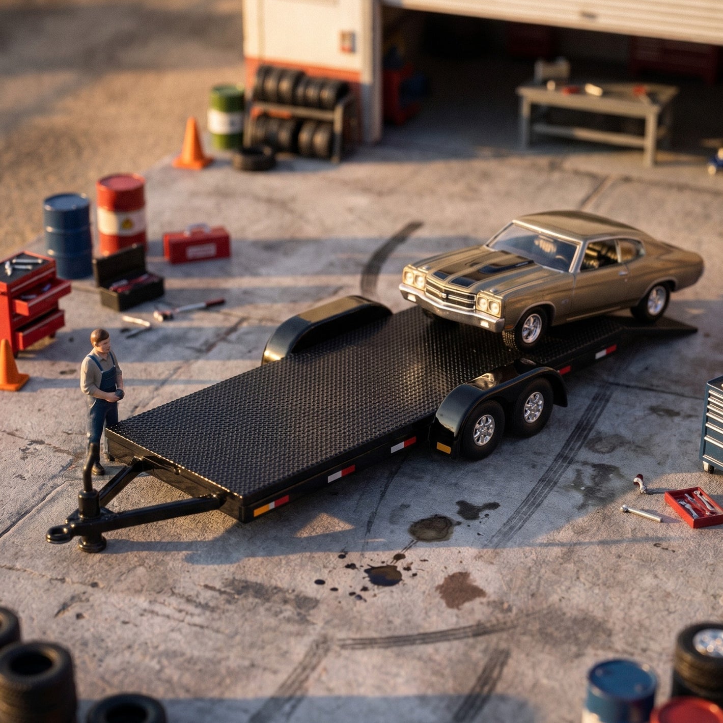 Lot57Supplies Diecast Shop 1:64 scale black diecast metal open car trailer with removable ramps and rubber tires