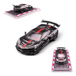 Lot57Supplies Diecast Shop black 1:64 scale Corvette C8 ZR1 model car with red racing stripes, rubber tires, and display base.