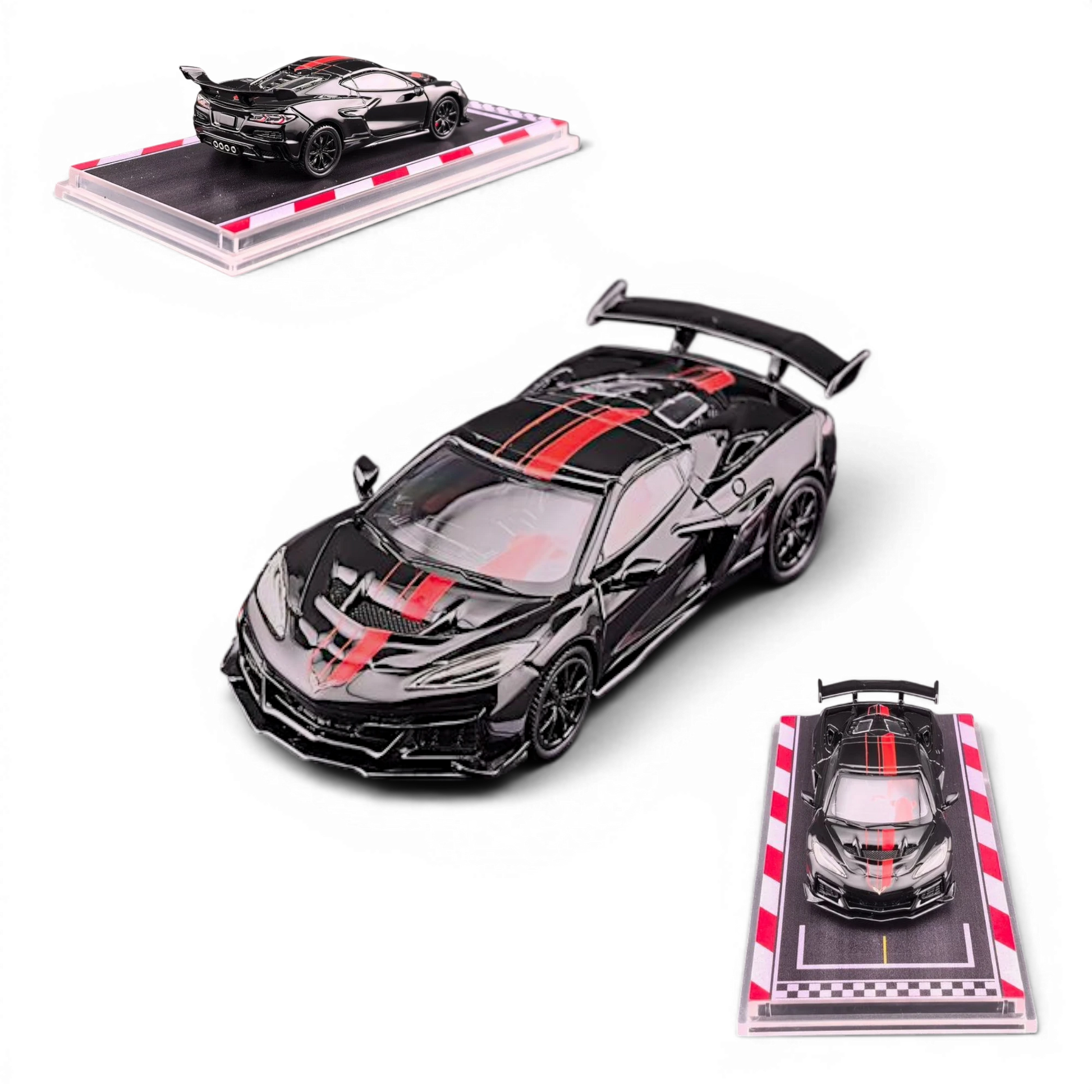Lot57Supplies Diecast Shop black 1:64 scale Corvette C8 ZR1 model car with red racing stripes, rubber tires, and display base.