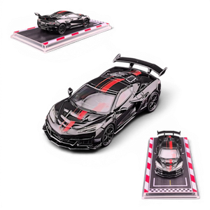 Lot57Supplies Diecast Shop black 1:64 scale Corvette C8 ZR1 model car with red racing stripes, rubber tires, and display base.