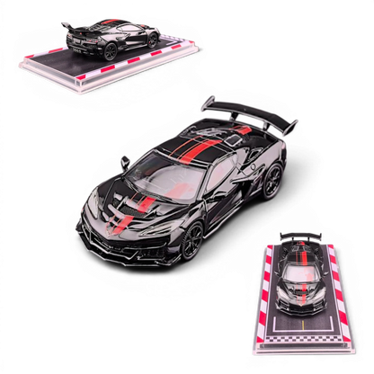 Lot57Supplies Diecast Shop black 1:64 scale Corvette C8 ZR1 model car with red racing stripes, rubber tires, and display base.