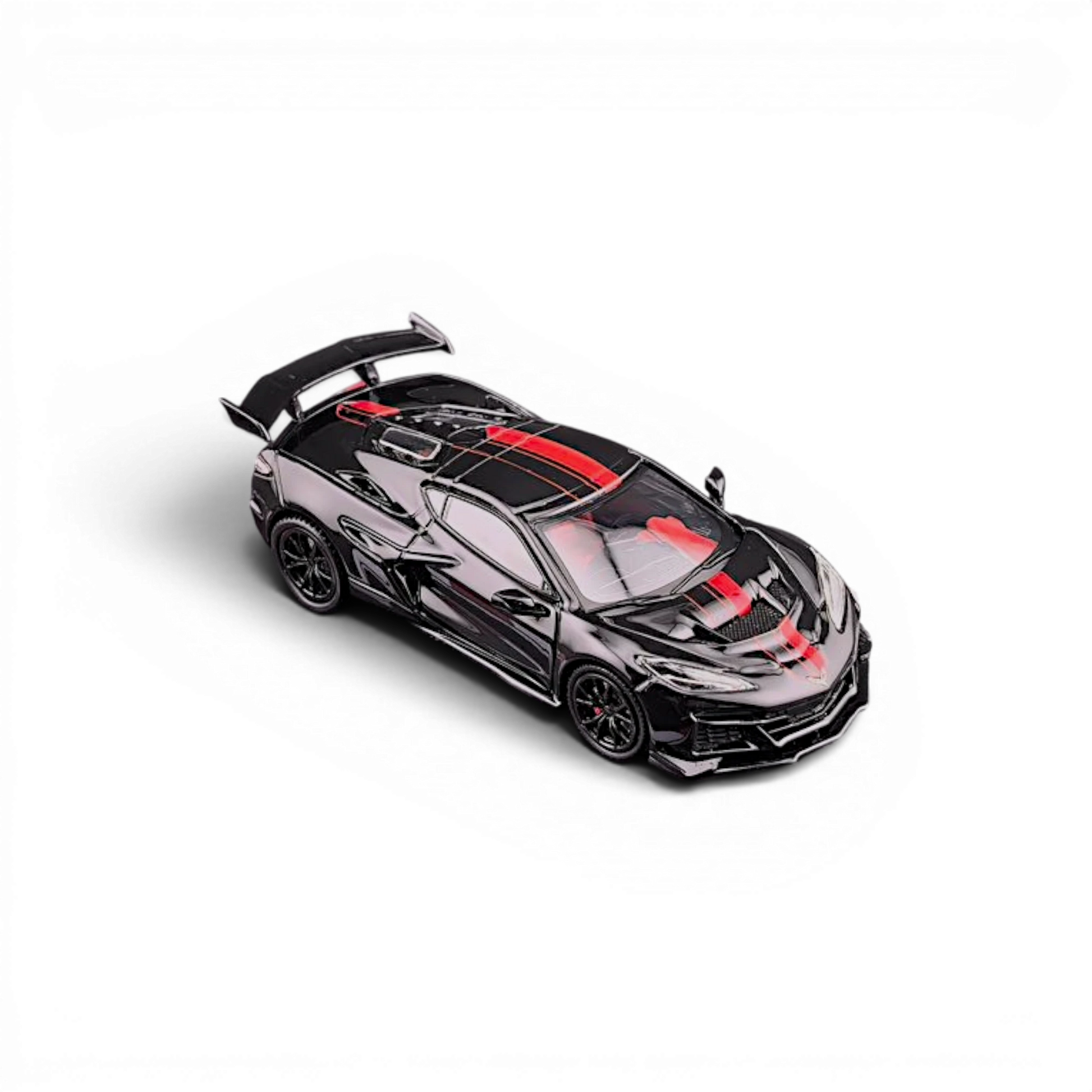 Lot57Supplies Diecast Shop 1:64 black Corvette C8 ZR1 diecast model with red racing stripes and red interior.