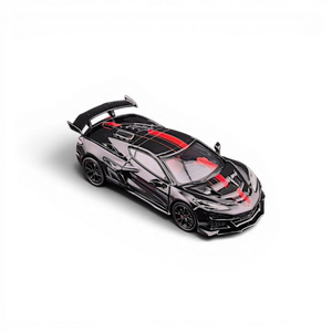 Lot57Supplies Diecast Shop 1:64 black Corvette C8 ZR1 diecast model with red racing stripes and red interior.