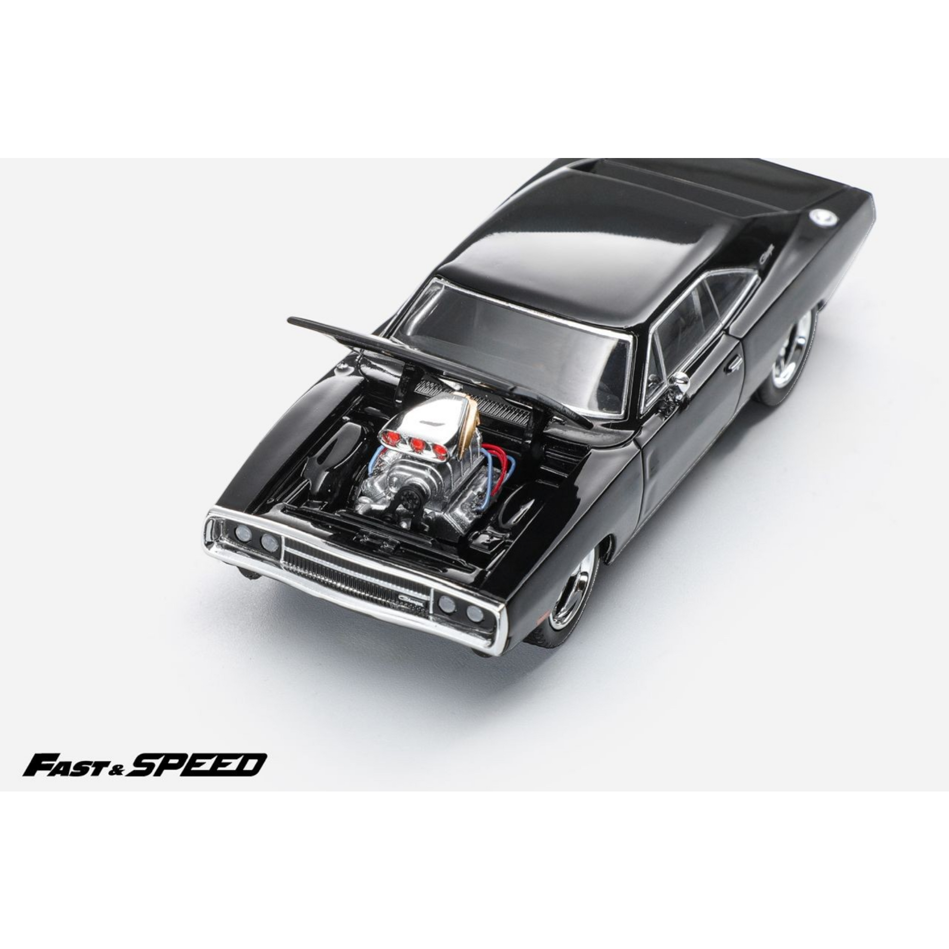 Lot57Supplies Diecast Shop 1:64 scale black Fast Speed Dodge Charger R/T diecast model with open hood and engine detail