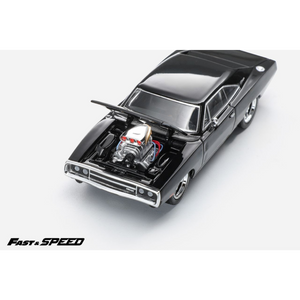Lot57Supplies Diecast Shop 1:64 scale black Fast Speed Dodge Charger R/T diecast model with open hood and engine detail
