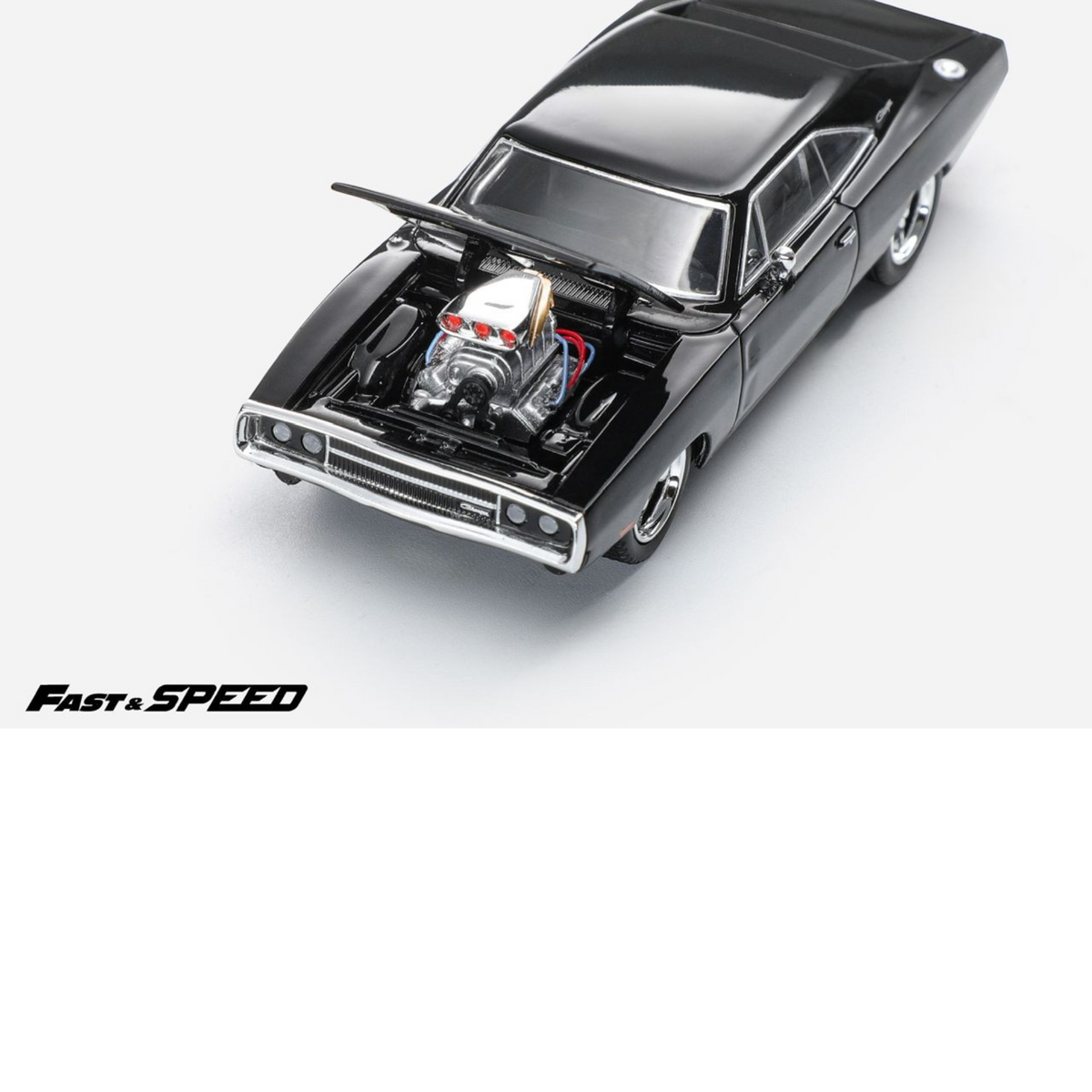Lot57Supplies Diecast Shop 1:64 scale black Fast Speed Dodge Charger R/T diecast model with open hood and engine detail